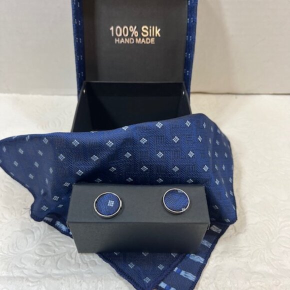 Handmade 100% Silk Cuff Links & Handkerchief Blue - Picture 2 of 11